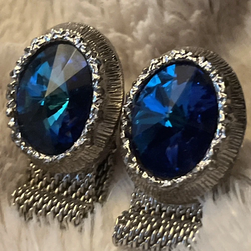 Vtg Swank Blue Rivoli Wrap Around Cufflinks Silver Tone Rhinestones MCM Estate